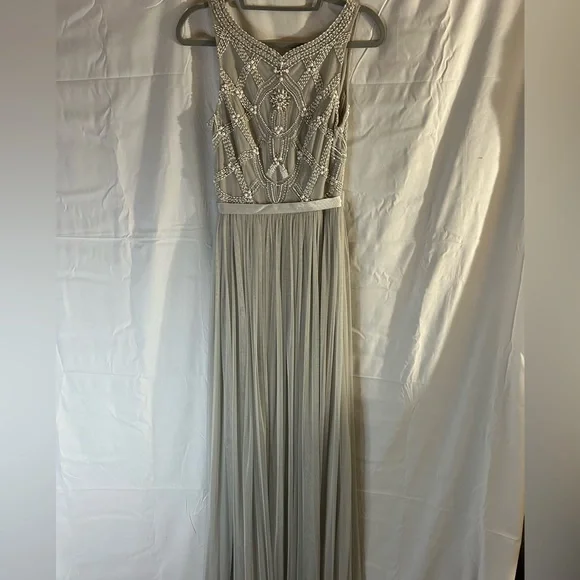 grey long sleeve dresses 1960s Malcolm Starr Grey Formal Maxi Dress with Embellished Sleeves